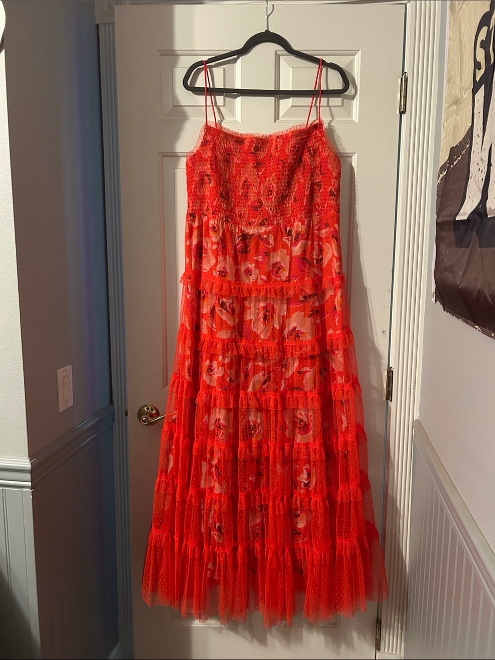 Anthropologie Coral-Red Floral Mesh Tiered Dress - Picture 3 of 11